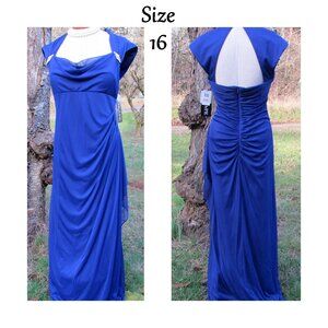 EVENING GOWN, 14, BLUE w BLING, XCAPE w DRAPING CAP SLEEVE, CUTOUTS FRONT & BACK
